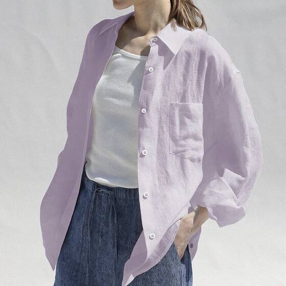 light blue Pure Linen Shirt Women's Loose Sunscreen Linen Top Cardigan 2025 Spring and Summer Long Sleeve Shirt Holiday Style