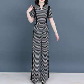 欧货条纹休闲运动套装女夏季新款气质小领短袖阔腿裤显瘦两件套