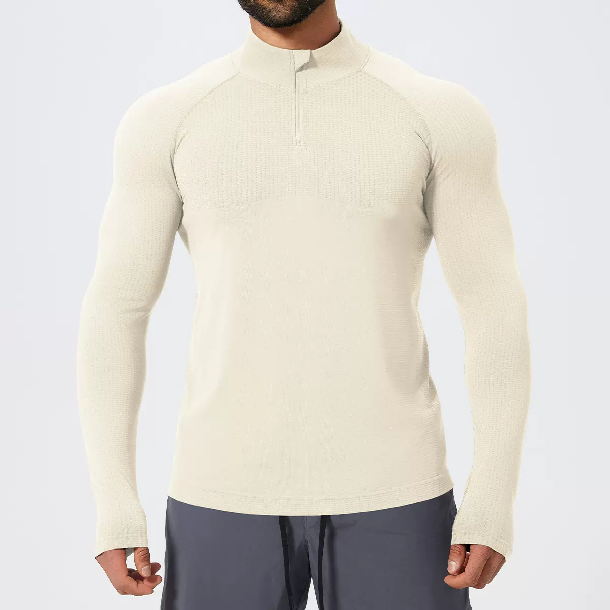 跨境男士立领运动健身拉链芯吸无缝长袖T恤春秋跑步足球衣1058