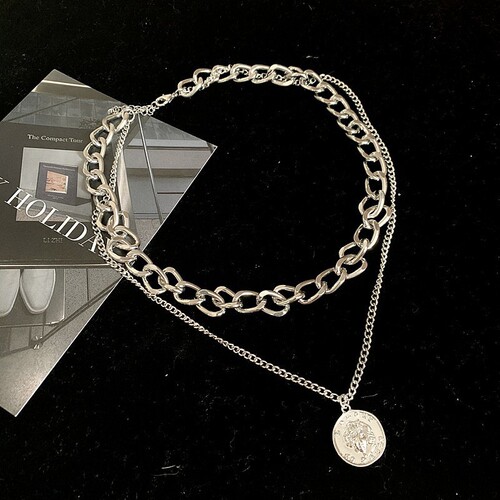 Japanese and Korean Hip-Hop Style Portrait Exaggerated Rough Chain Necklace Double Layer Personality Chain Hip-Hop Choker Short Clavicle Chain for Women