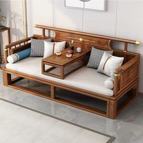 New Chinese-style Solid Wood Arhat Bed with Sliding Mechanism, Foldable Dual-Use Sofa Bed—Perfect for Small & Large Apartments, Offering Versatility and Functionality as a Two-Person Living Room Bed or Lounge Couch