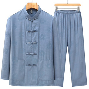 Spring/Summer 2023 Middle-aged and Elderly Tang Suit Thin Tencel Suit Chinese Style Dad Long Sleeve Men's Silk Shirt for Men