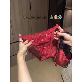 圣诞限定丝绒雪花红色蕾丝内裤女2025新款性感低腰纯欲风三角裤
