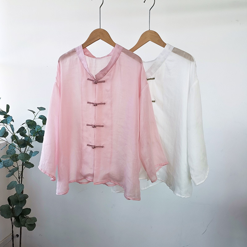 Ice Leaf/Elegant Thin Ramie Shirt Stitched with Plate Button Women's Clothing Chinese Style Zen Style Artistic Loose Shirt Tea Clothing