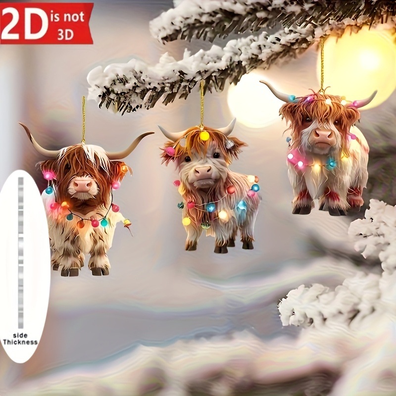 2D平面3件装可爱高地牛圣诞树挂饰亚克力家居户外节日装饰