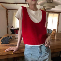 HAVE U ウールニットベスト U ネックストレッチショート韓国スタイルインスタイルワイドショルダーストラップレイヤードベスト女性用