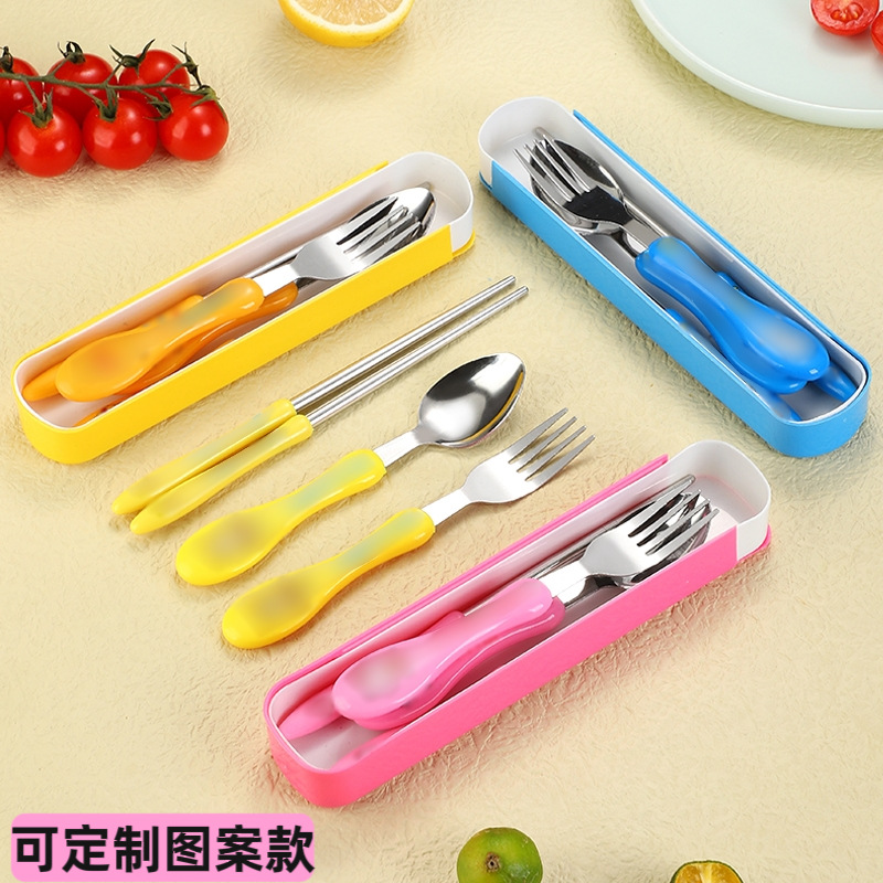 Keding Cartoon Children's Tableware Stainless Steel Student Portable suit Chopsticks Spoon Fork Three-piece Gift Box