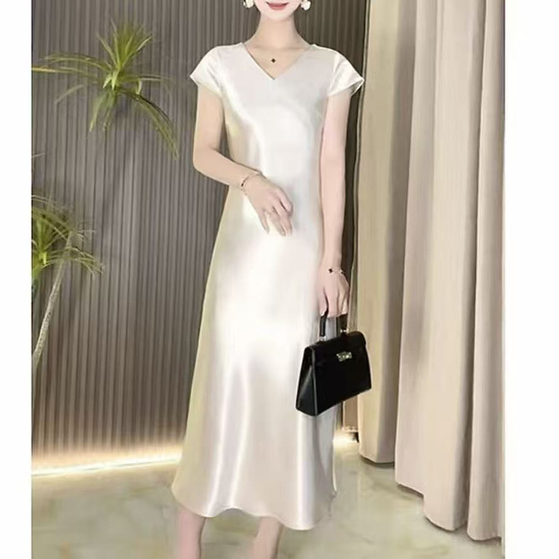 2025 Acetate Satin Short-Sleeved Dress High-End Slim Gilt Satin Thin Summer French Fishtail Skirt High-End Long Skirt