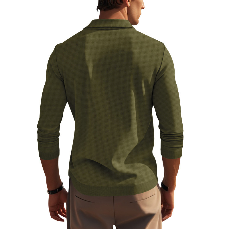 Podzimní a zimní americké pánské tričko s dlouhým rukávem, tenký střih, vaflový styl, slim fit, klopový pletený svetr pro muže_voghion.com