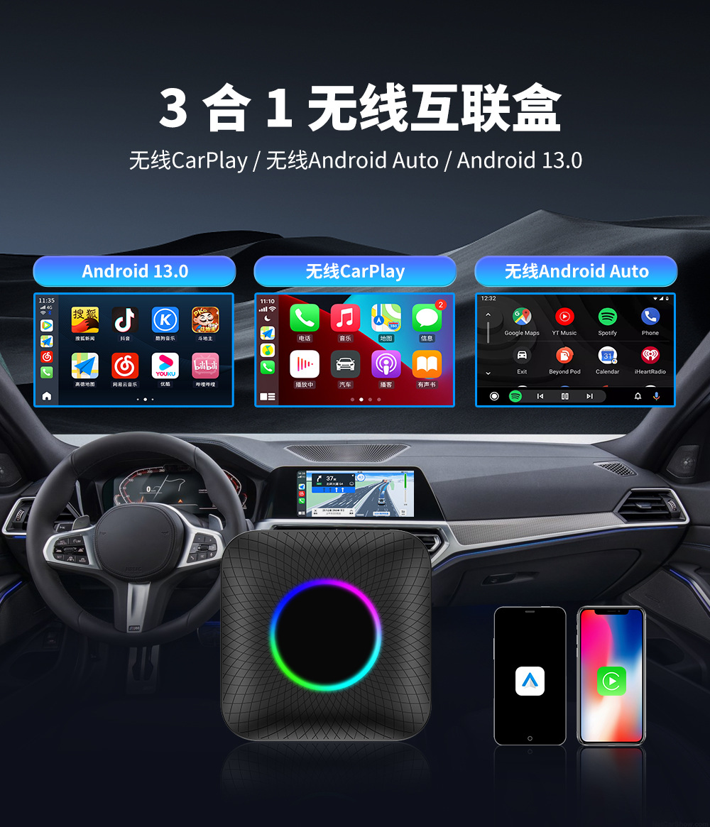 Cross-Border Carplay Wired and Wireless All-Network Compatible Apple Android Box Qualcomm 8Gb+128Gb Smart Connectivity Box