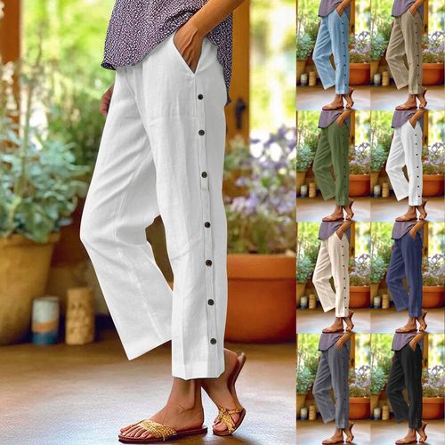 Elegant Women's Cotton Linen Breathable 9/10 Length Pants with Side Seam Decorative Buttons, Side Pockets, High Waist Loose Casual Trousers