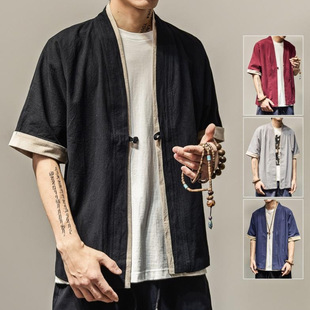Summer New Chinese Style Men's Loose Solid Color Cotton and Linen Hanfu Cardigan plus size Fashion Casual Half Sleeve Shirt