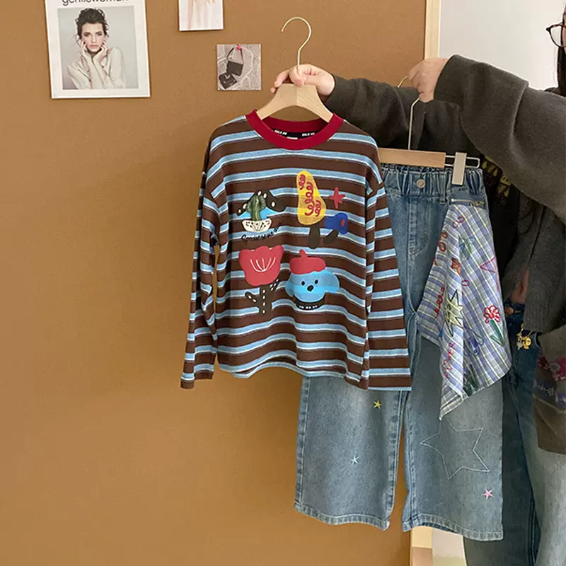 女童卡通条纹长袖T恤衫两件套春秋款儿童时尚洋气百搭牛仔裤套装