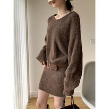 韩版慵懒风纯色圆领长袖针织连衣裙2025秋季ins穿搭宽松毛衣短裙