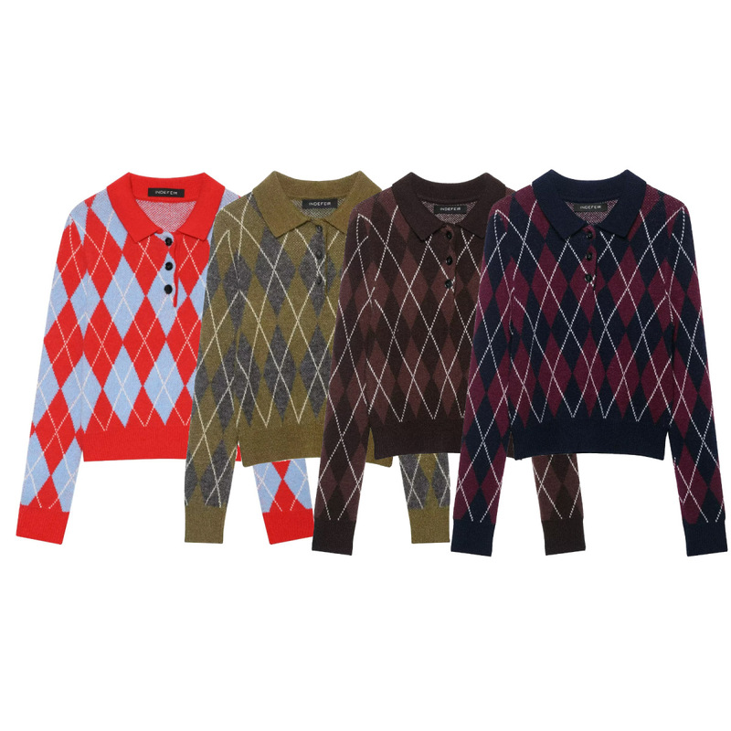 MYST&ZA diamond pattern printed knit sweater for women, autumn and winter new casual style, turn-down collar, long sleeve sweater 2142208