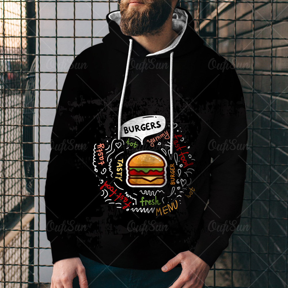 Hee Sports Men's 2024 Painting Ha Food con capucha de baño Pizza Digital Tendencia 3D Color Burger Printing Wind