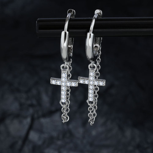Cross tassel earrings for men, trendy personality, trendy niche design, single men's earrings, simple earrings