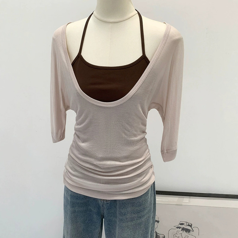 Color-Contrasting Two-Piece Set with Halter Neck, U-Neck, Mid-Sleeve Cover-Up T-Shirt for Women, Summer 2026 New Style, Slightly Sheer, Slim-Fit, Slimming, Sun-Protective Top