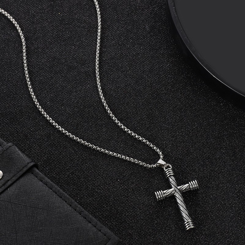 Stainless Men's Spiral Pattern Cross Titanium Steel Pendant Necklace_voghion.com