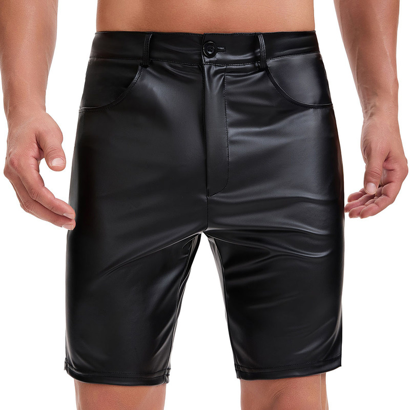 Cross-Border European and American Men's Pu Leather Casual Shorts with Button Closure and Pocket Design for Nightclub Stage Performances Cross-Border European and American Men's Pu Leather Casual Shorts with Button Closure and Pocket Design for Nightclub Stage Performances