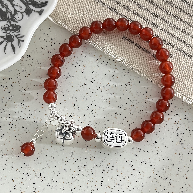 999 Pure Silver Good Luck Red Agate Beaded Bracelet for Women New Chinoiserie Design Persimmon Ruyi Bracelet 6803