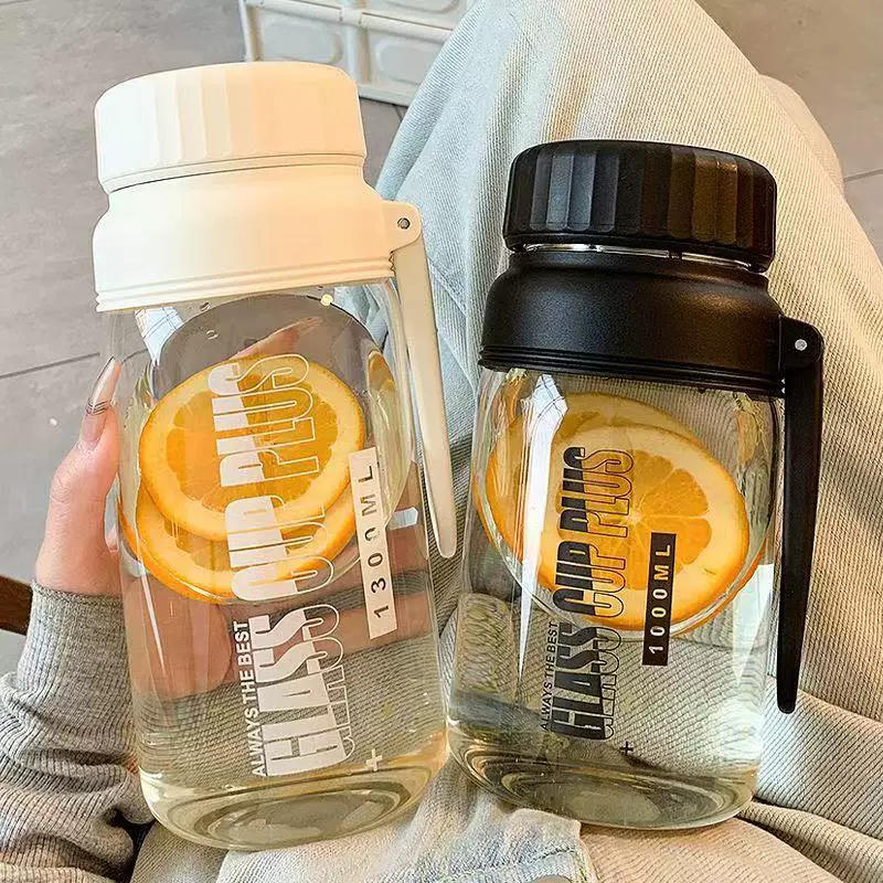 简约单层大容量玻璃水杯运动户外带提手泡茶杯夏季便携高颜值杯子