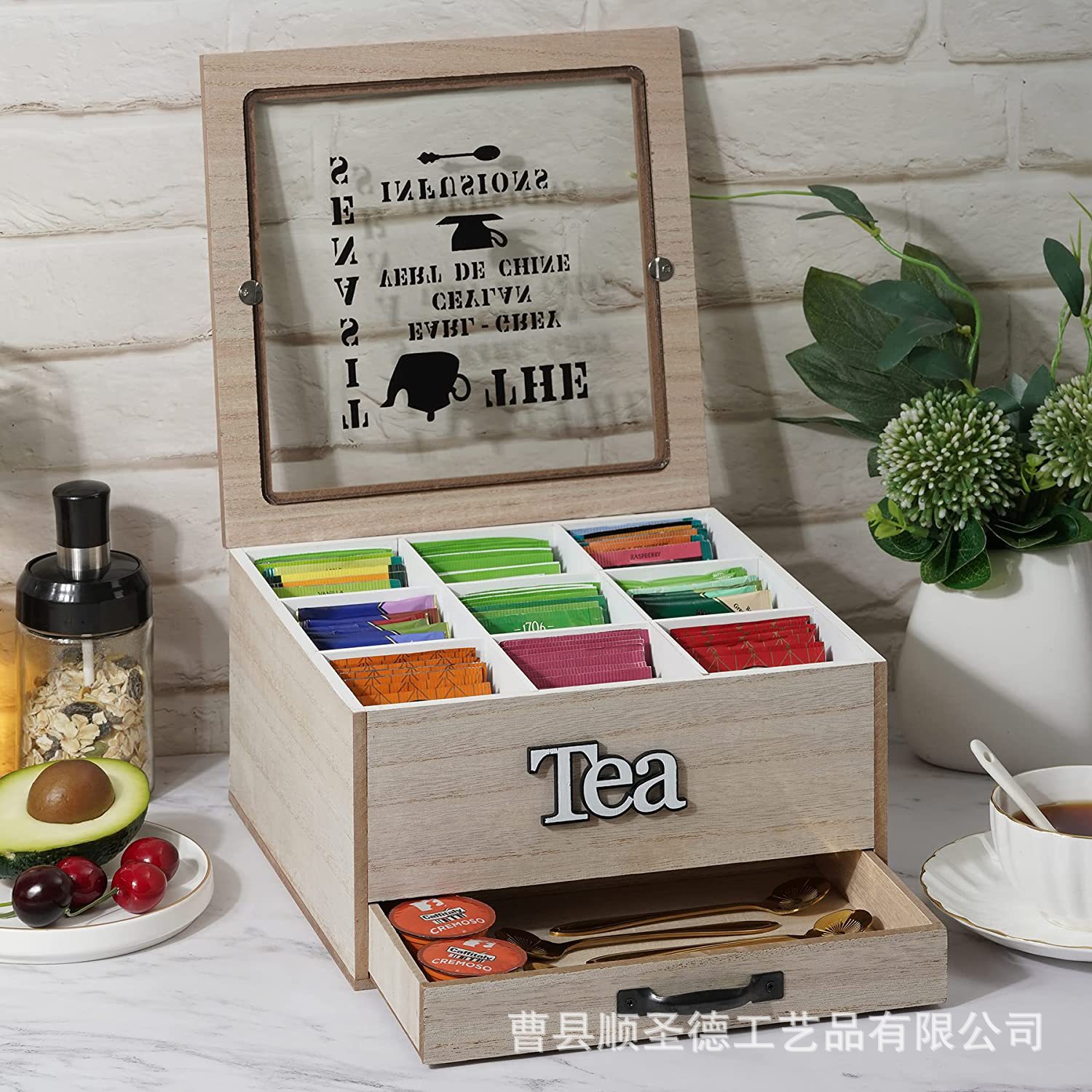 茶叶包木盒茶叶收纳带抽屉透明盖子茶包木盒茶水间咖啡茶糖木盒