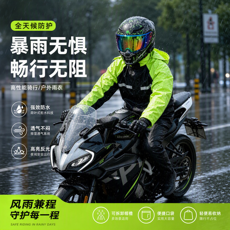 Cycling two-piece raincoat and rainpants set with thick breathable lining, suitable for duty, delivery, color-blocking, reflective, rainproof Cycling two-piece raincoat and rainpants set with thick breathable lining, suitable for duty, delivery, color-blocking, reflective, rainproof