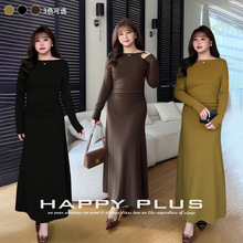 一字领捏褶收腰A摆针织连衣裙润其9439大码法式辣妹慕斯仿羊绒裙