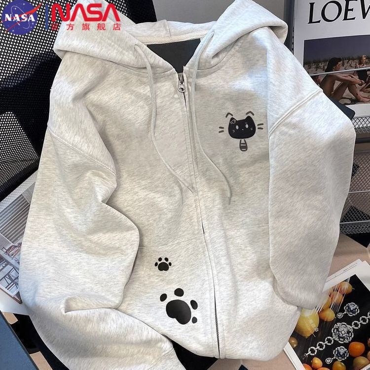 NASA甜酷风日系可爱猫咪印连帽卫衣男秋冬宽松慵懒风拉链开衫外套