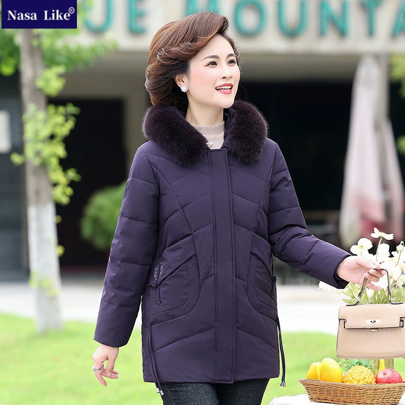 Down jacket for mother, winter long warm trench coat, mid-length, plus size, for middle age