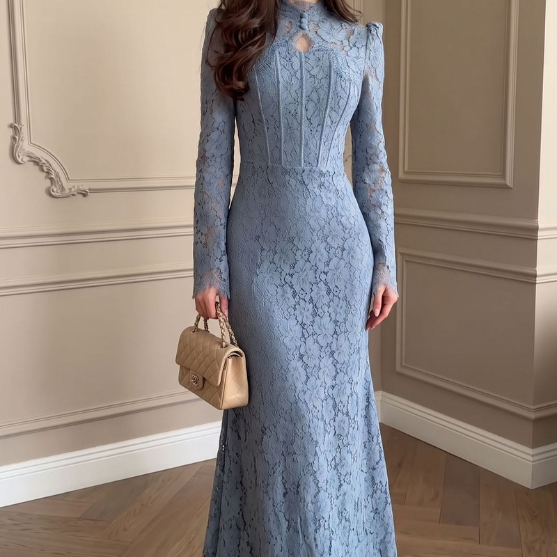 Cross-border foreign trade Turkish elegant lace solid color long-sleeved long dress for women Cross-border foreign trade Turkish elegant lace solid color long-sleeved long dress for women