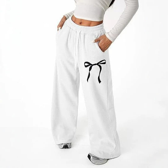 Women's Wide-Leg High-Waisted Pants with Adjustable Drawstring, Pockets, Casual Lightweight Bow Print Trousers Women's Wide-Leg High-Waisted Pants with Adjustable Drawstring, Pockets, Casual Lightweight Bow Print Trousers