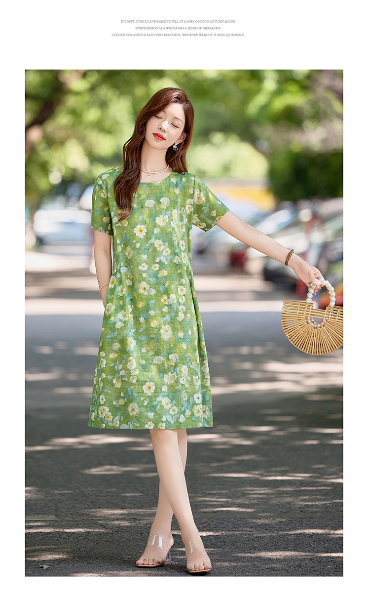 Đầm maxi nữ hoa nhỏ xanh lá cây tươi mát, dáng suông rộng, tay ngắn, mỏng nhẹ mùa hè 2025 — Màu hồng xanh lục, Màu xanh lá chi tiết 16