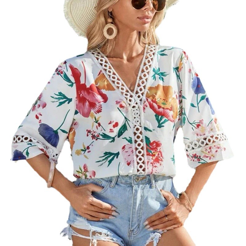 Women's Loose Fit V Neck Flared Sleeve Lace Chiffon Blouse – Casual Office Elegant Summer Top 2026_ecoleips.com