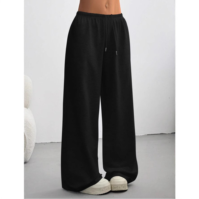 European and American Style Joker High Waist Drawstring Lace-up Casual Wide Leg Loose Straight Pants Simple Solid Color Sports Pants for Women European and American Style Joker High Waist Drawstring Lace-up Casual Wide Leg Loose Straight Pants Simple Solid Color Sports Pants for Women