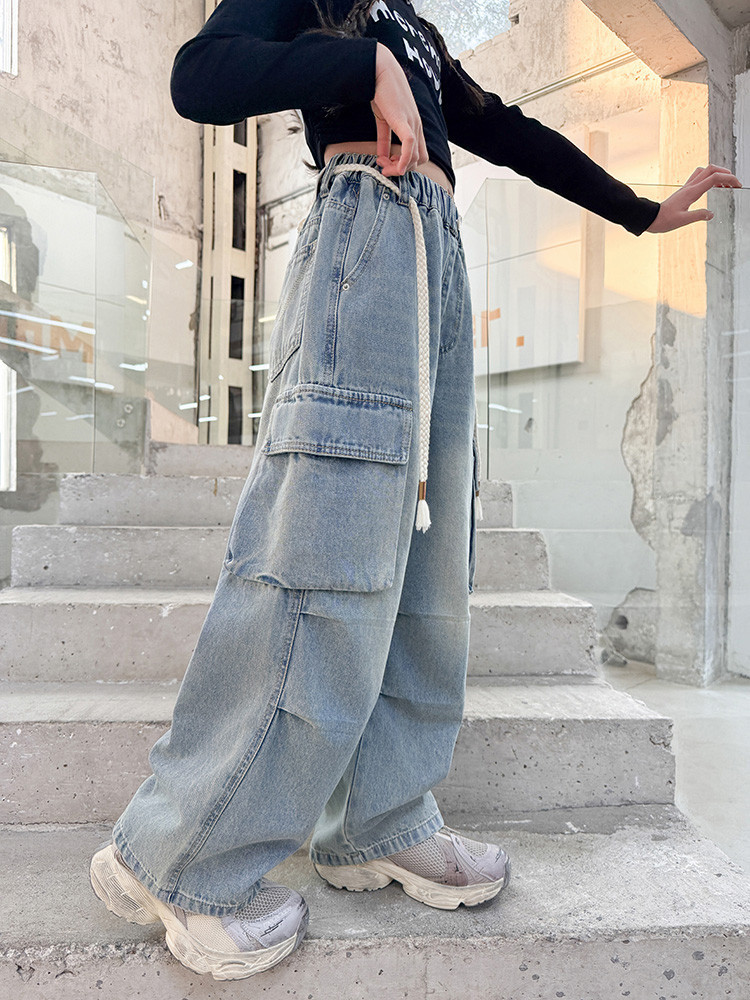 Mädchen-Stretch-Jeans für Kinder – Bequeme und stylische Hose mit hoher Taille und weitem Bein und elastischem Bund, modischer Stoff aus weicher Baumwollmischung_voghion.com