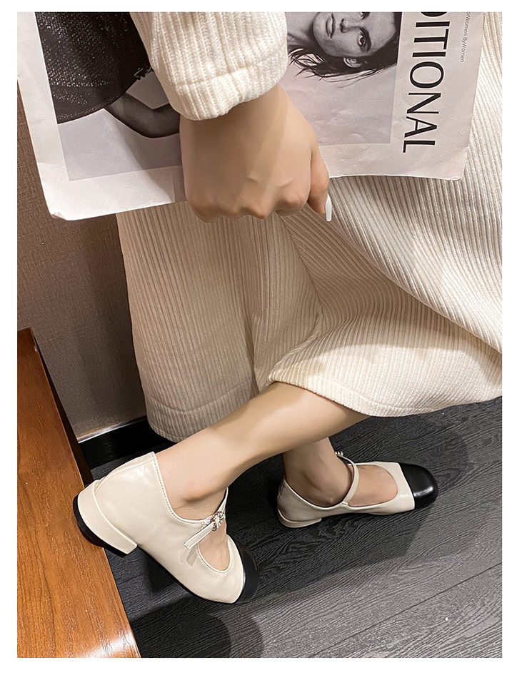 Giày Mary Jane nữ đế bằng da mềm miệng nông mũi vuông phối màu một dây ngang — Màu bạc, Màu mơ, Đen vàng kim chi tiết 30