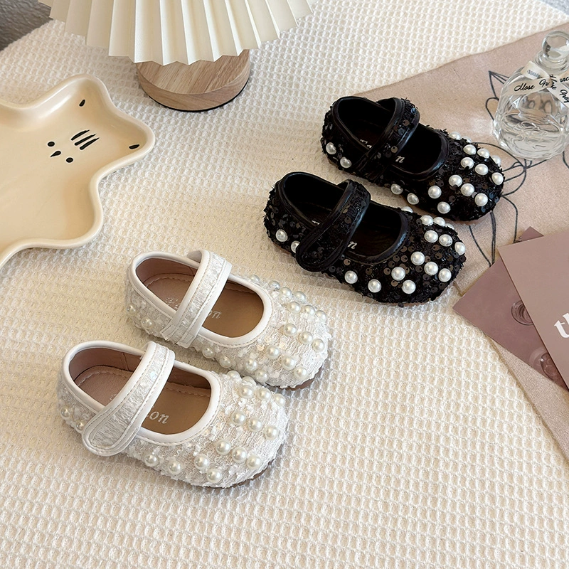 Детские модные кожаные туфли в стиле Chanel, весна-осень 2025, новые, с мелким бисером, принцесса, лоферы.