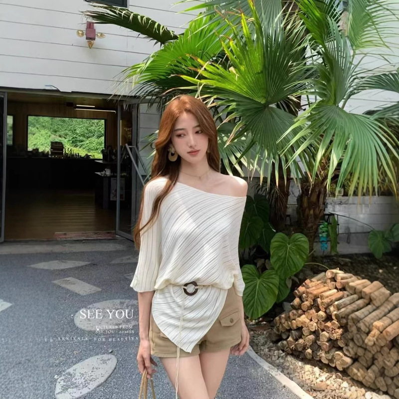Lazy Style One-Shoulder Asymmetrical Women's Summer 2026 New Short-Sleeve Slimming Irregular Casual Top Lazy Style One-Shoulder Asymmetrical Women's Summer 2026 New Short-Sleeve Slimming Irregular Casual Top