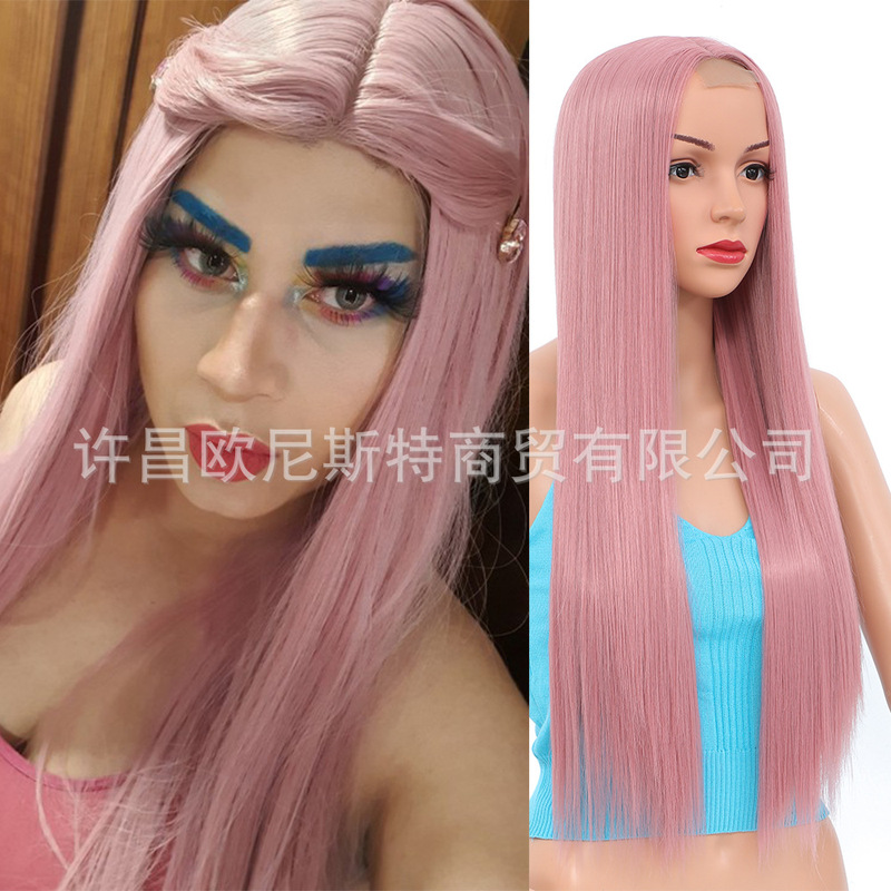 Europe and the United States cross-border wig women 26inch long straight hair T-shaped partial lace wig headgear manufacturers spot wholesale