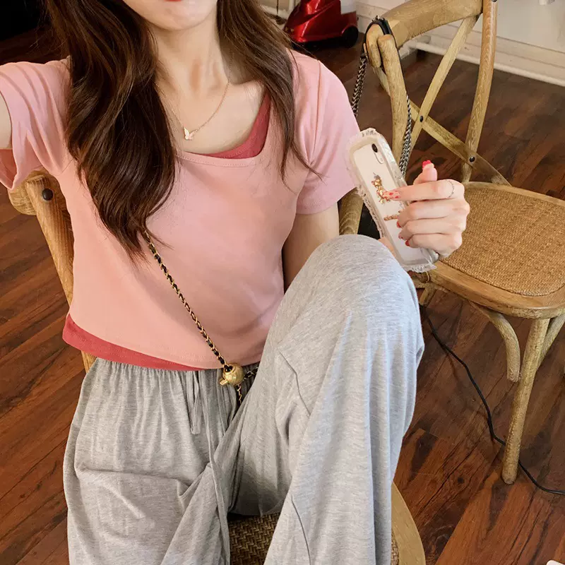 夏2025新款显瘦短款假两件设计感修身性感短袖上衣女insT恤打底衫