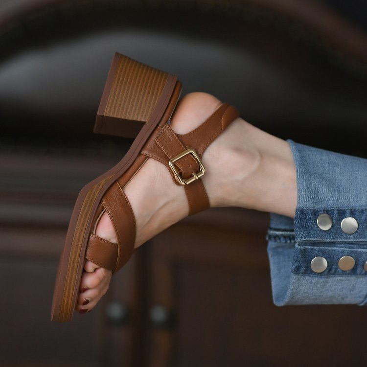 Women's One-word Sandals with Mid-heel 2025 New Summer Simple Waterproof Platform Open Toe High Heels Women's Thick Heels