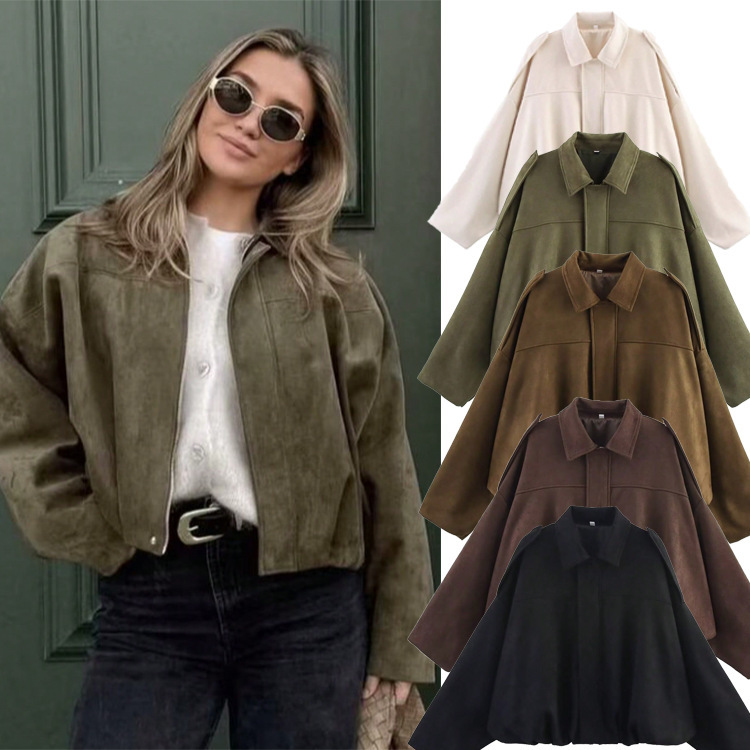 Amazon European and American Women's Fashion Suede Texture Lapel Bomber Jacket, a Hot-Selling Cross-Border Opportunity Product for Spring