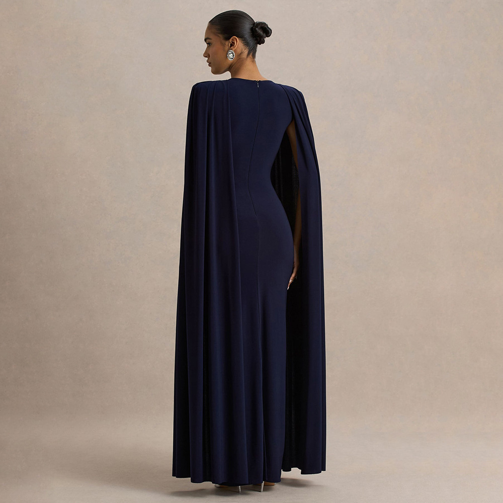Elegant Women's Party Dress With Pleated Cape - Round Neck Solid Color Maxi Dress For Banquet & Evening Occasions_ecoleips.com