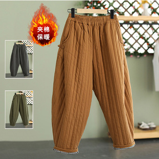 Vertical line solid color cotton plus size women's warm pants chubby girl slim elastic waist buckle casual radish pants