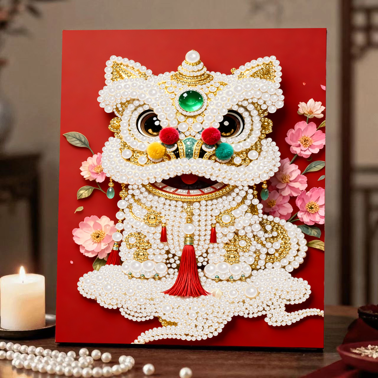 75c awakening lion brings happiness (lion ruyi) / Comes with glue [30* 40cm nailed solid wood inner frame] + pearls + dotting pen + diamond plate + jelly glue
