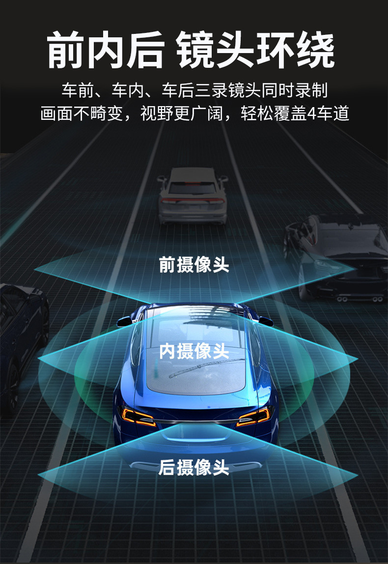 Three-channel dashcam with WiFi, high-definition 1080P night vision, car-mounted, connected to mobile phone, parking monitoring video recorder