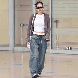 Jennie同款美式复古斜褶做旧水洗牛仔裤女宽松显瘦拖地阔腿长裤子