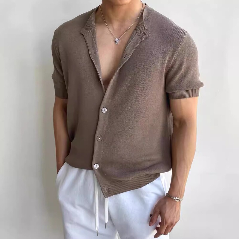 European-Style Thin Knit Cardigan for Muscular Men, Slim-Fit Stretch Short-Sleeve Sweatshirt, Mercerized Cotton Ice Silk Breathable Tight-Fitting T-Shirt European-Style Thin Knit Cardigan for Muscular Men, Slim-Fit Stretch Short-Sleeve Sweatshirt, Mercerized Cotton Ice Silk Breathable Tight-Fitting T-Shirt